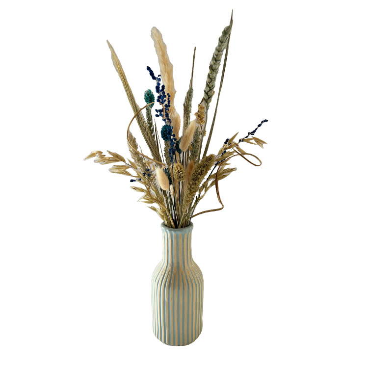 Blauw/crème vaasje met droogbloemen