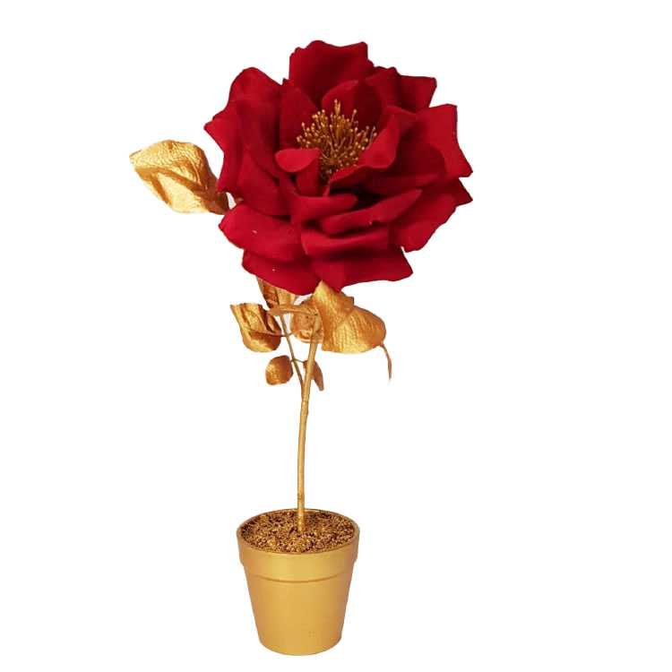 Zijden Rode Roos in goud potje