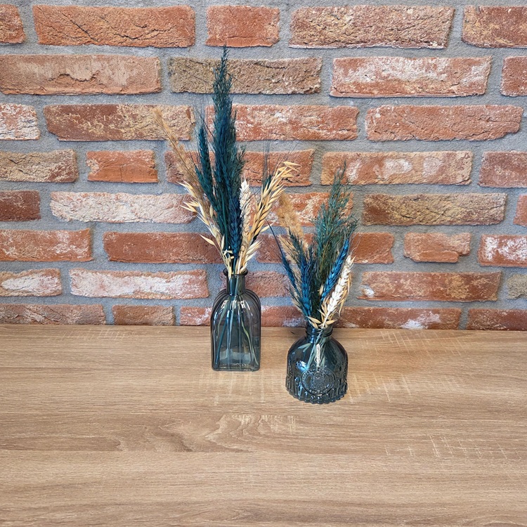 Setje vaasjes Petrol/Naturel met droogbloemetjes